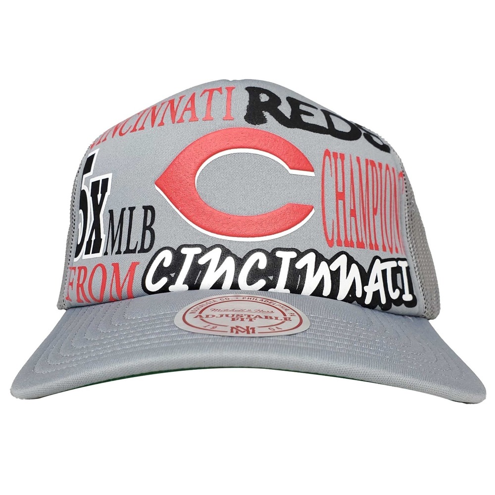Cincinnati Reds Mitchell & Ness MLB Trucker Hat Cap Puff Print Logo Gray NWT